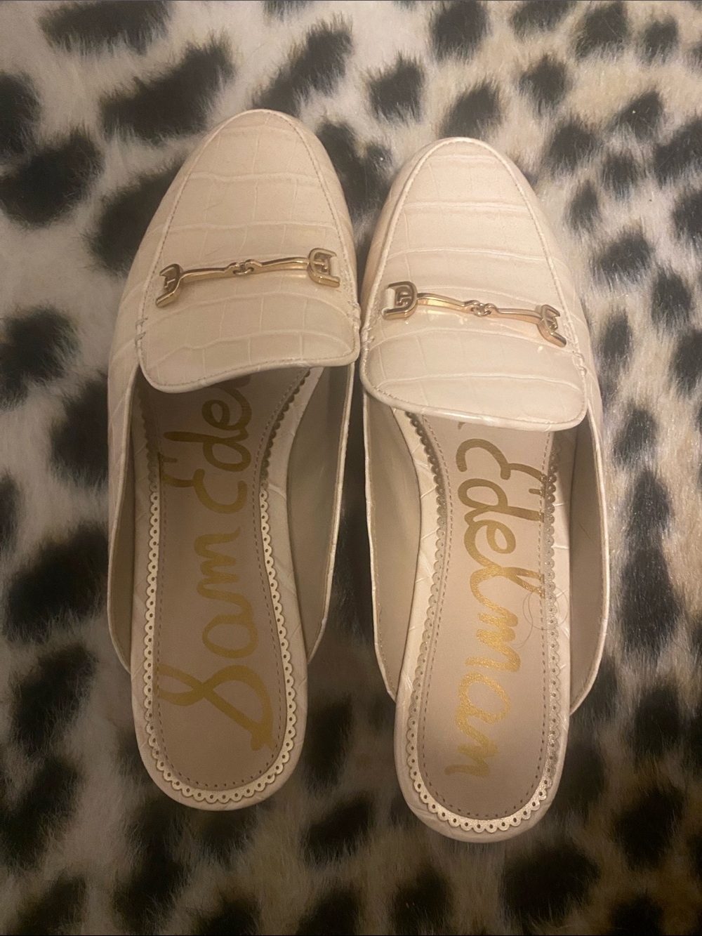 Sam Edelman Cream Croc-Embossed Backless Mules with Gold Bit